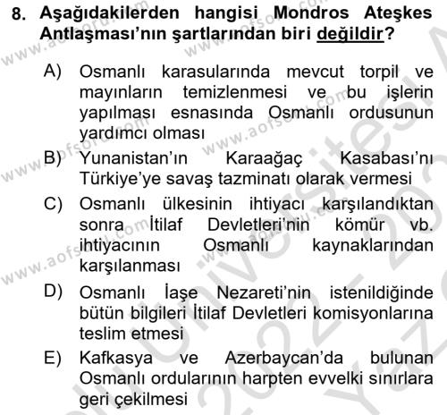 Milli Mücadele Tarihi Dersi 2022 - 2023 Yılı Yaz Okulu Sınavı 8. Soru