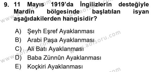 Milli Mücadele Tarihi Dersi 2022 - 2023 Yılı Yaz Okulu Sınavı 9. Soru