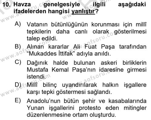 Milli Mücadele Tarihi Dersi 2023 - 2024 Yılı (Vize) Ara Sınavı 10. Soru