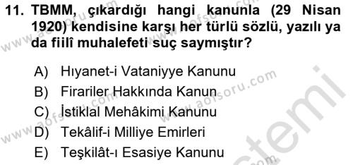 Milli Mücadele Tarihi Dersi 2023 - 2024 Yılı (Vize) Ara Sınavı 11. Soru