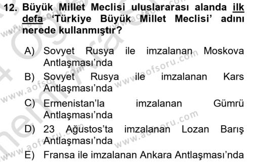 Milli Mücadele Tarihi Dersi 2023 - 2024 Yılı (Vize) Ara Sınavı 12. Soru