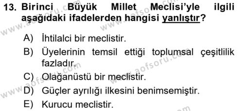 Milli Mücadele Tarihi Dersi 2023 - 2024 Yılı (Vize) Ara Sınavı 13. Soru