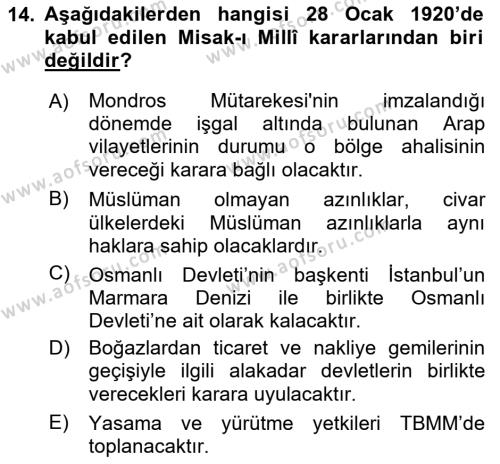 Milli Mücadele Tarihi Dersi 2023 - 2024 Yılı (Vize) Ara Sınavı 14. Soru