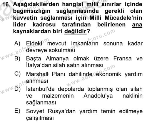 Milli Mücadele Tarihi Dersi 2023 - 2024 Yılı (Vize) Ara Sınavı 16. Soru