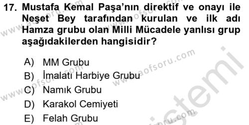 Milli Mücadele Tarihi Dersi 2023 - 2024 Yılı (Vize) Ara Sınavı 17. Soru