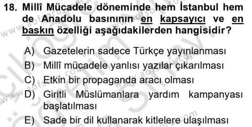 Milli Mücadele Tarihi Dersi 2023 - 2024 Yılı (Vize) Ara Sınavı 18. Soru