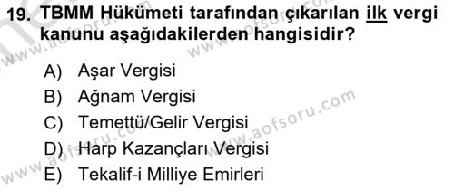 Milli Mücadele Tarihi Dersi 2023 - 2024 Yılı (Vize) Ara Sınavı 19. Soru