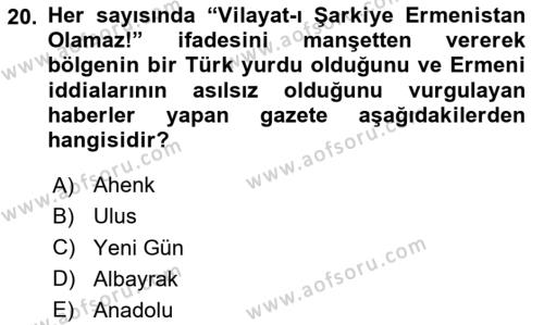 Milli Mücadele Tarihi Dersi 2023 - 2024 Yılı (Vize) Ara Sınavı 20. Soru