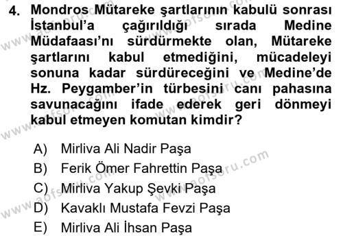 Milli Mücadele Tarihi Dersi 2023 - 2024 Yılı (Vize) Ara Sınavı 4. Soru