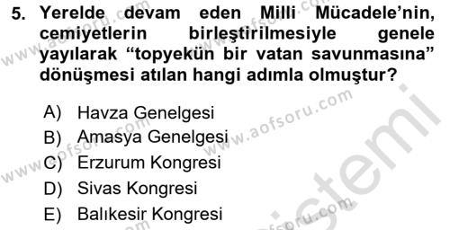 Milli Mücadele Tarihi Dersi 2023 - 2024 Yılı (Vize) Ara Sınavı 5. Soru