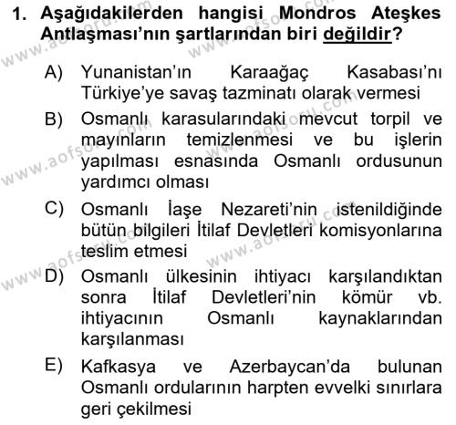 Milli Mücadele Tarihi Dersi 2023 - 2024 Yılı (Final) Dönem Sonu Sınavı 1. Soru