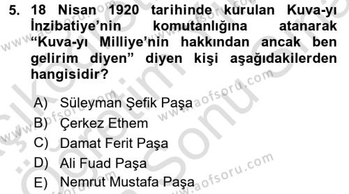 Milli Mücadele Tarihi Dersi 2023 - 2024 Yılı (Final) Dönem Sonu Sınavı 5. Soru