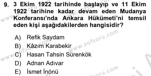 Milli Mücadele Tarihi Dersi 2023 - 2024 Yılı (Final) Dönem Sonu Sınavı 9. Soru