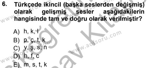 Türkçe Ses Bilgisi Dersi 2012 - 2013 Yılı (Vize) Ara Sınavı 6. Soru