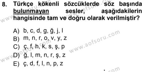 Türkçe Ses Bilgisi Dersi 2012 - 2013 Yılı (Vize) Ara Sınavı 8. Soru
