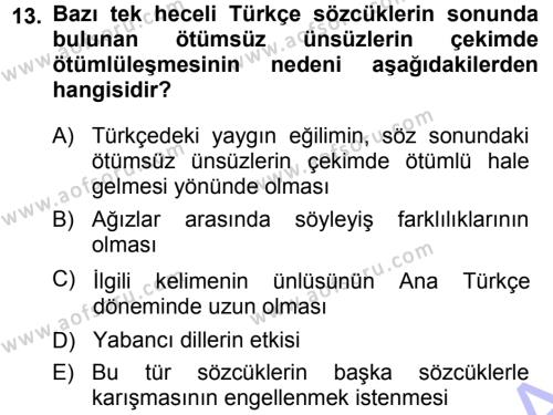 Türkçe Ses Bilgisi Dersi 2013 - 2014 Yılı (Final) Dönem Sonu Sınavı 13. Soru