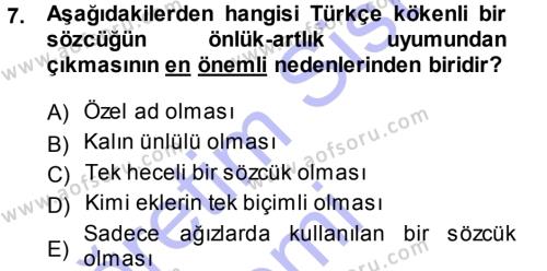 Türkçe Ses Bilgisi Dersi 2013 - 2014 Yılı (Final) Dönem Sonu Sınavı 7. Soru