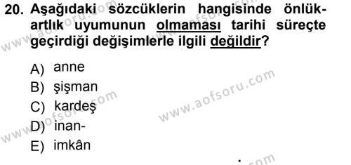 Türkçe Ses Bilgisi Dersi 2014 - 2015 Yılı (Vize) Ara Sınavı 20. Soru