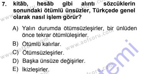 Türkçe Ses Bilgisi Dersi 2014 - 2015 Yılı (Vize) Ara Sınavı 7. Soru