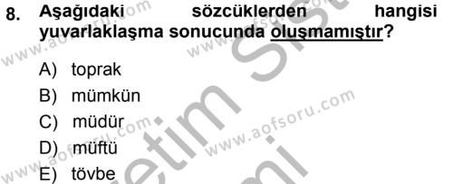 Türkçe Ses Bilgisi Dersi 2014 - 2015 Yılı (Final) Dönem Sonu Sınavı 8. Soru