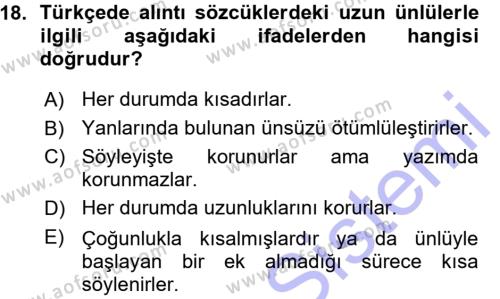 Türkçe Ses Bilgisi Dersi 2015 - 2016 Yılı (Vize) Ara Sınavı 18. Soru