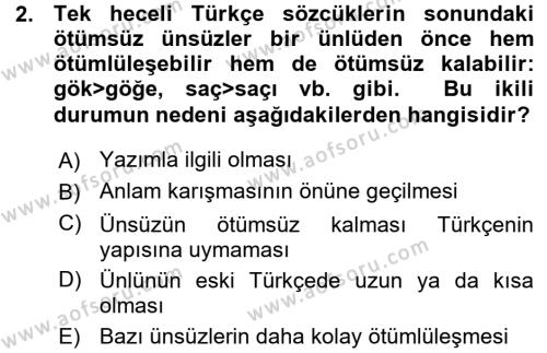 Türkçe Ses Bilgisi Dersi 2015 - 2016 Yılı (Vize) Ara Sınavı 2. Soru