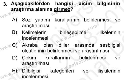 Türkçe Biçim Bilgisi Dersi 2018 - 2019 Yılı (Vize) Ara Sınavı 3. Soru