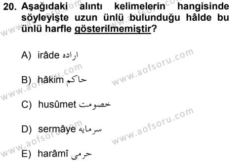Osmanlı Türkçesine Giriş 1 Dersi 2012 - 2013 Yılı (Vize) Ara Sınavı 20. Soru