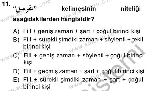 Osmanlı Türkçesine Giriş 2 Dersi 2013 - 2014 Yılı (Final) Dönem Sonu Sınavı 11. Soru