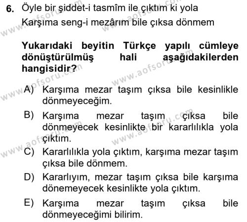 Osmanlı Türkçesine Giriş 2 Dersi 2015 - 2016 Yılı (Final) Dönem Sonu Sınavı 6. Soru