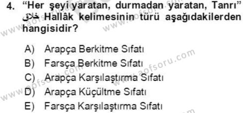 Osmanlı Türkçesine Giriş 2 Dersi 2021 - 2022 Yılı (Final) Dönem Sonu Sınavı 4. Soru