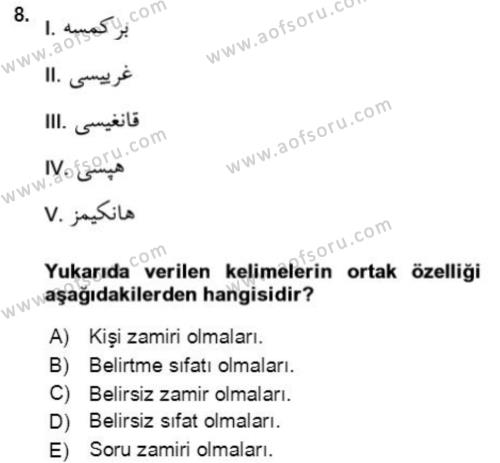 Osmanlı Türkçesine Giriş 2 Dersi 2021 - 2022 Yılı (Final) Dönem Sonu Sınavı 8. Soru