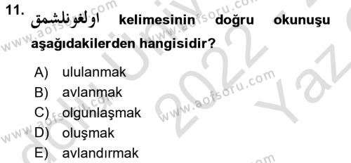 Osmanlı Türkçesine Giriş 2 Dersi 2022 - 2023 Yılı Yaz Okulu Sınavı 11. Soru