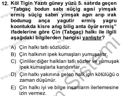 Orhon Türkçesi Dersi 2014 - 2015 Yılı (Final) Dönem Sonu Sınavı 12. Soru