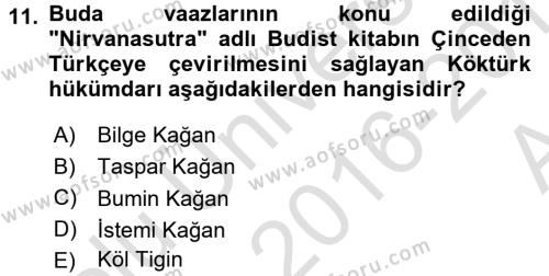 Orhun Türkçesi Dersi 2016 - 2017 Yılı (Vize) Ara Sınavı 11. Soru