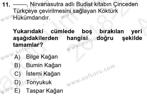 Orhun Türkçesi Dersi 2018 - 2019 Yılı (Vize) Ara Sınavı 11. Soru