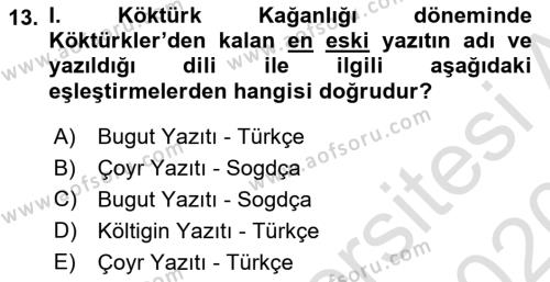 Orhun Türkçesi Dersi 2019 - 2020 Yılı (Vize) Ara Sınavı 13. Soru