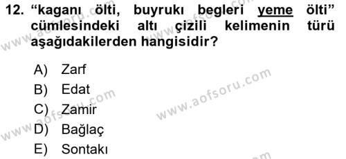 Orhun Türkçesi Dersi 2020 - 2021 Yılı Yaz Okulu Sınavı 12. Soru