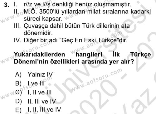 Orhun Türkçesi Dersi 2020 - 2021 Yılı Yaz Okulu Sınavı 3. Soru