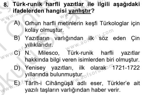 Orhun Türkçesi Dersi 2020 - 2021 Yılı Yaz Okulu Sınavı 8. Soru