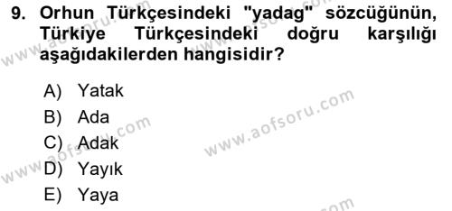 Orhun Türkçesi Dersi 2020 - 2021 Yılı Yaz Okulu Sınavı 9. Soru