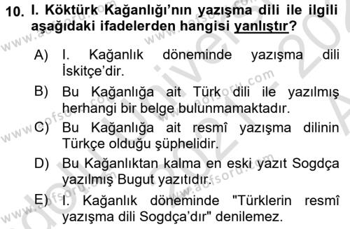 Orhun Türkçesi Dersi 2021 - 2022 Yılı (Vize) Ara Sınavı 10. Soru