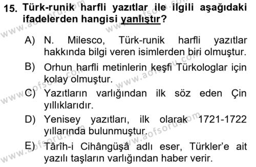 Orhun Türkçesi Dersi 2021 - 2022 Yılı (Vize) Ara Sınavı 15. Soru