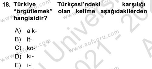 Orhun Türkçesi Dersi 2021 - 2022 Yılı (Vize) Ara Sınavı 18. Soru