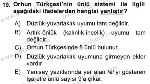 Orhun Türkçesi Dersi 2021 - 2022 Yılı (Vize) Ara Sınavı 19. Soru