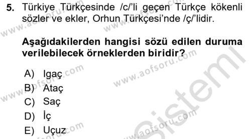 Orhun Türkçesi Dersi 2021 - 2022 Yılı (Final) Dönem Sonu Sınavı 5. Soru