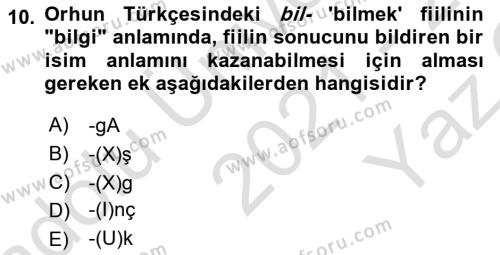 Orhun Türkçesi Dersi 2021 - 2022 Yılı Yaz Okulu Sınavı 10. Soru