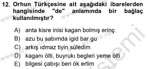 Orhun Türkçesi Dersi 2021 - 2022 Yılı Yaz Okulu Sınavı 12. Soru