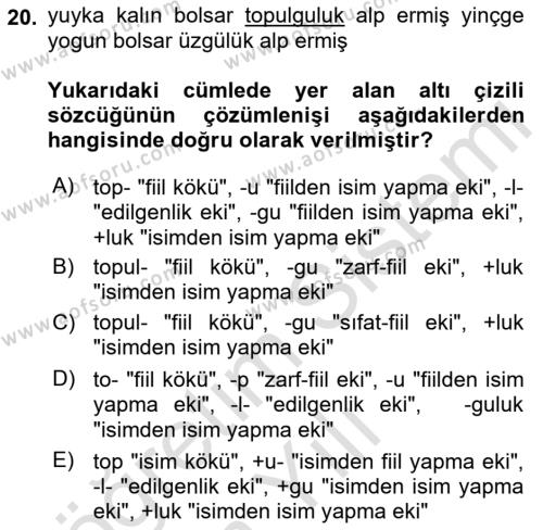 Orhun Türkçesi Dersi 2021 - 2022 Yılı Yaz Okulu Sınavı 20. Soru