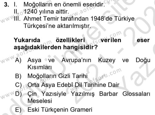 Orhun Türkçesi Dersi 2021 - 2022 Yılı Yaz Okulu Sınavı 3. Soru